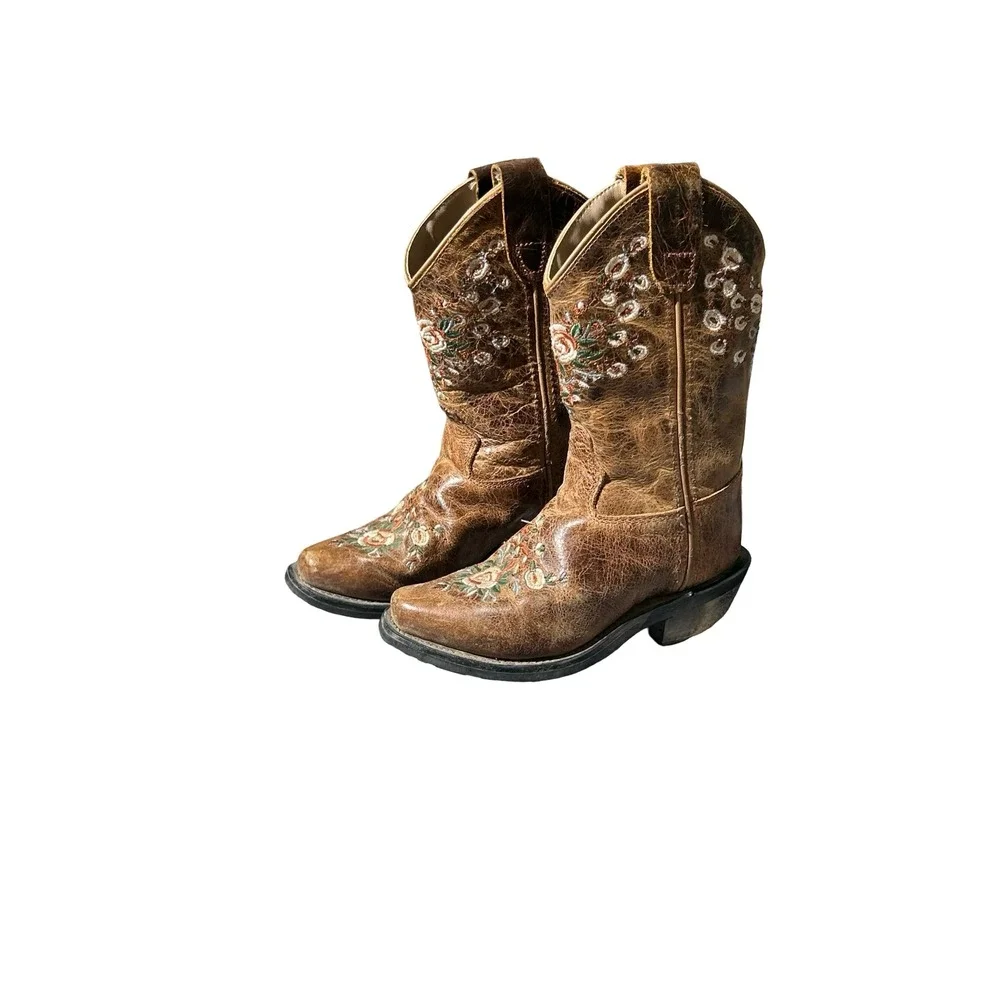 Shyanne Girls Brown Leather Floral Embroidered Western Cowgirl Boots Size 10D